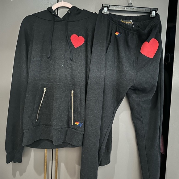 Aviator Nation Black ninja Hoodie and Joggers Set with Red Heart Accents